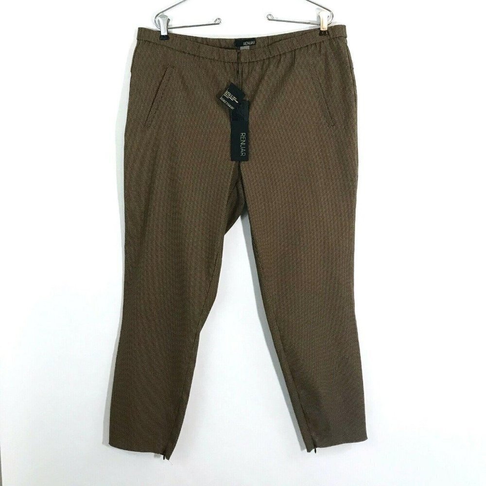 RENUAR Pants Women Size 14 Houndstooth Black‎ Brown Zip Ankle Cropped NWT